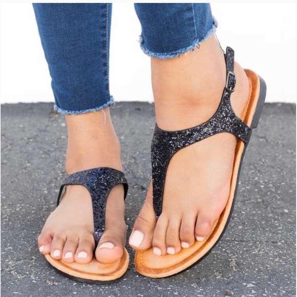 Black Glitter Thong Sandals - Picture 1 of 6